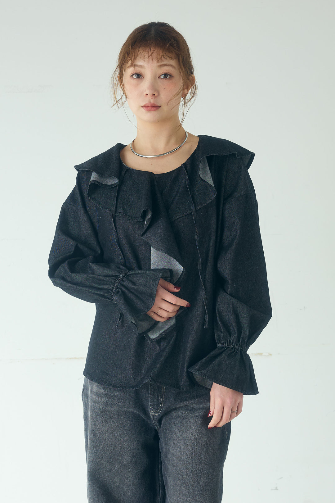 [SET]デニムフリルブラウス+デニムサロペットワイドパンツ(2set)