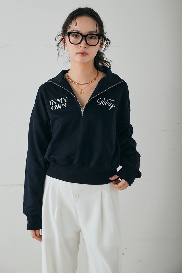 [SET]裏毛ロゴ刺繍ハーフZIPスウェット+刺繍レースデザインサテンスカート(2set)