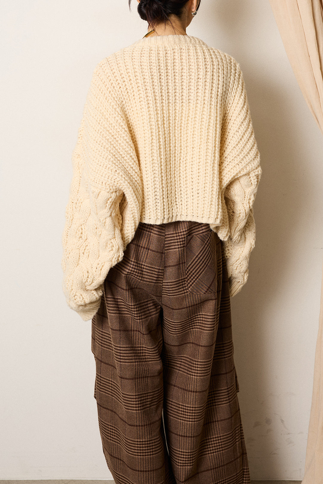 [SET]ケーブルリラックスショートニット+グレンチェックルーズタックパンツ(2set)