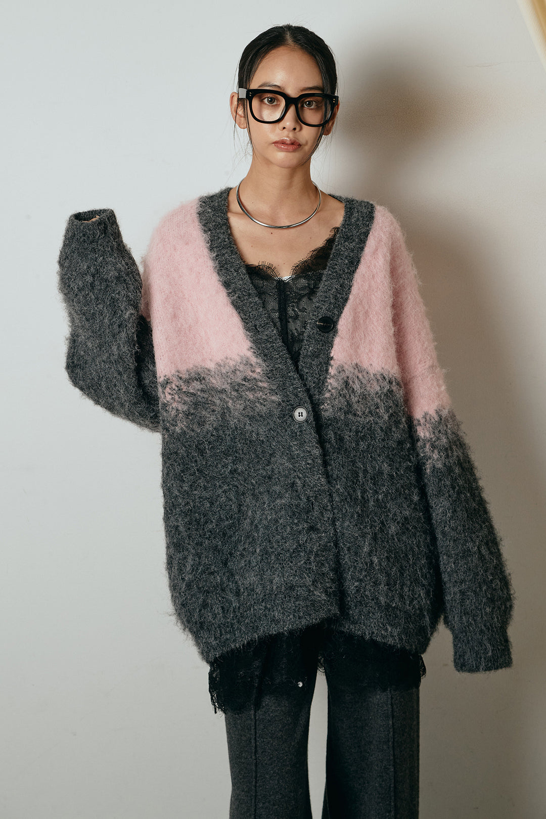 [SET]起毛グラデーションニットカーディガン+レース切り替えキャミソール+センターラインニットパンツ(3set)