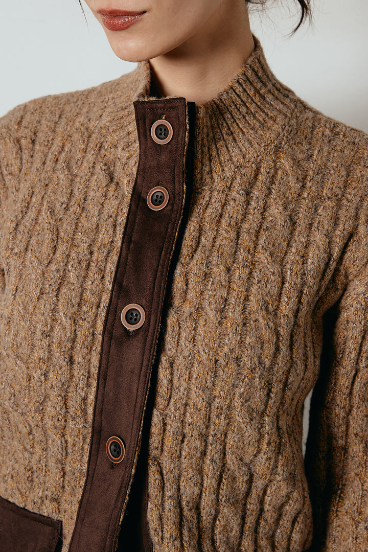 [SET]ボトルネックケーブルニットカーディガン+起毛タック入りツイードワイドパンツ(2set)