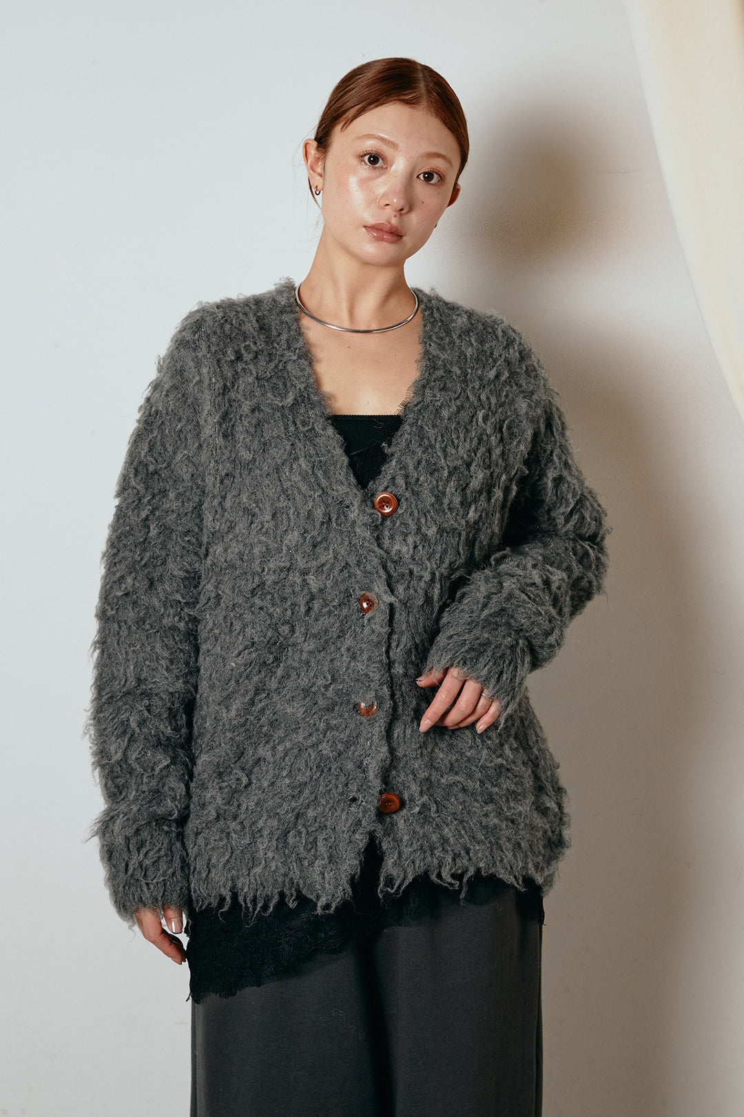 [SET]ルーズシャギーニットカーディガン+レース切り替えキャミソール(2set)