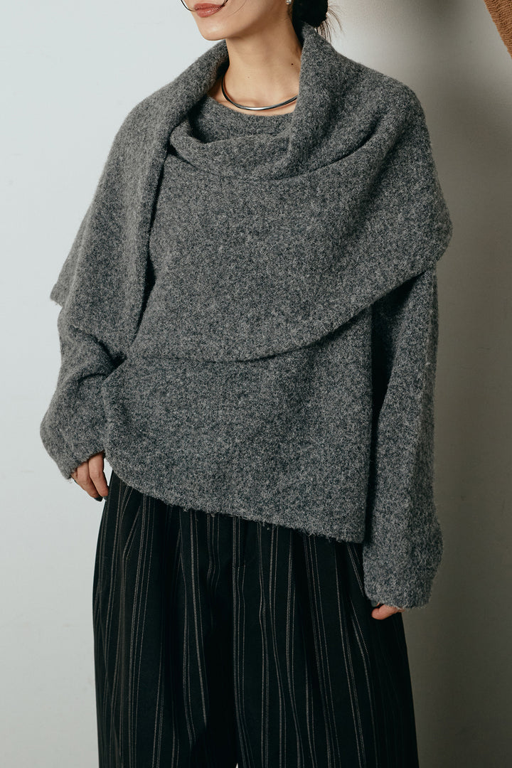 [SET]ネック巻きデザインニットトップス+タック入りマルチストライプ柄ワイドパンツ(2set)