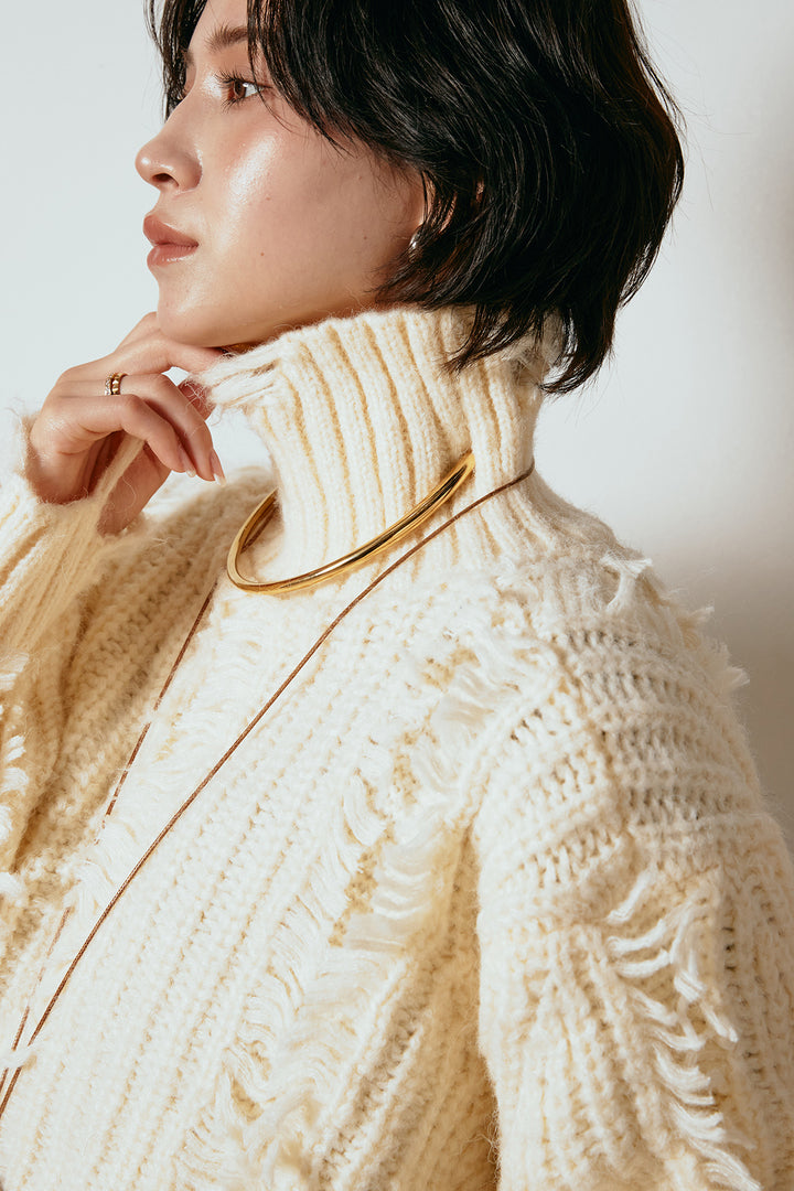 [SET]フリンジタートルショートニット+サイドボタンツイードタックパンツ(2set)