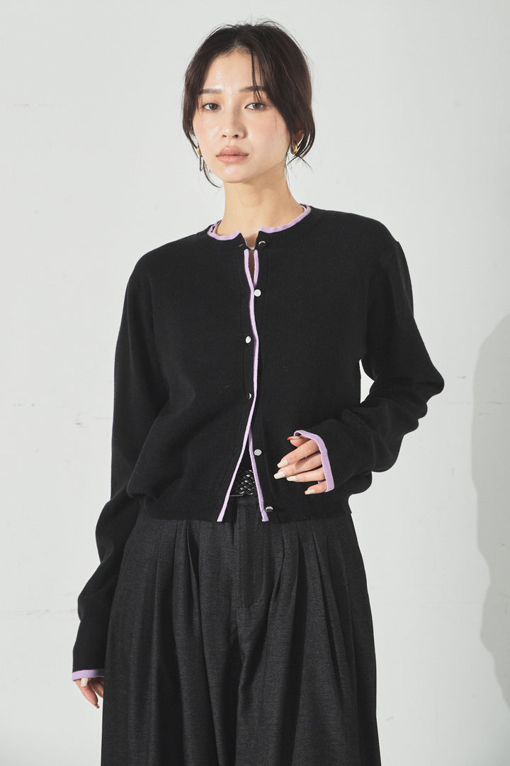 レイヤード風配色ニットカーディガン/ブラック