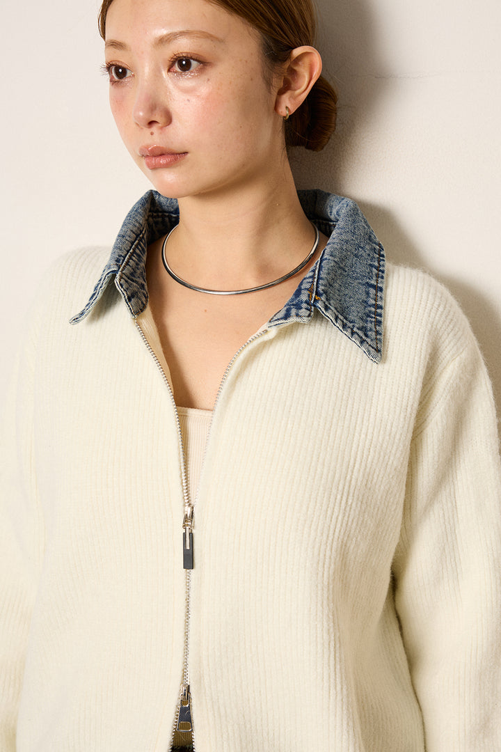 [SET]デニム襟ダブルジップニットトップス+ベルトループコーデュロイワイドパンツ(2set)