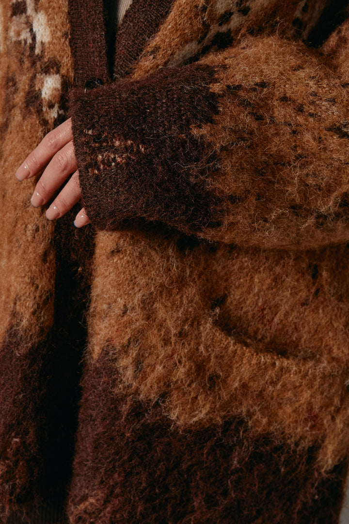 [SET]シャギーニュアンス柄ニットカーディガン+裏起毛スウェットワイドパンツ(2set)