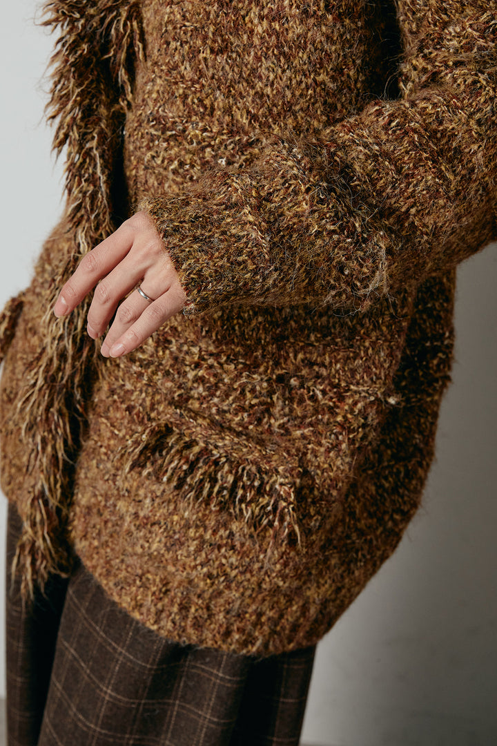 [SET]フリンジニットカーディガン+ウールライクチェックタックパンツ(2set)