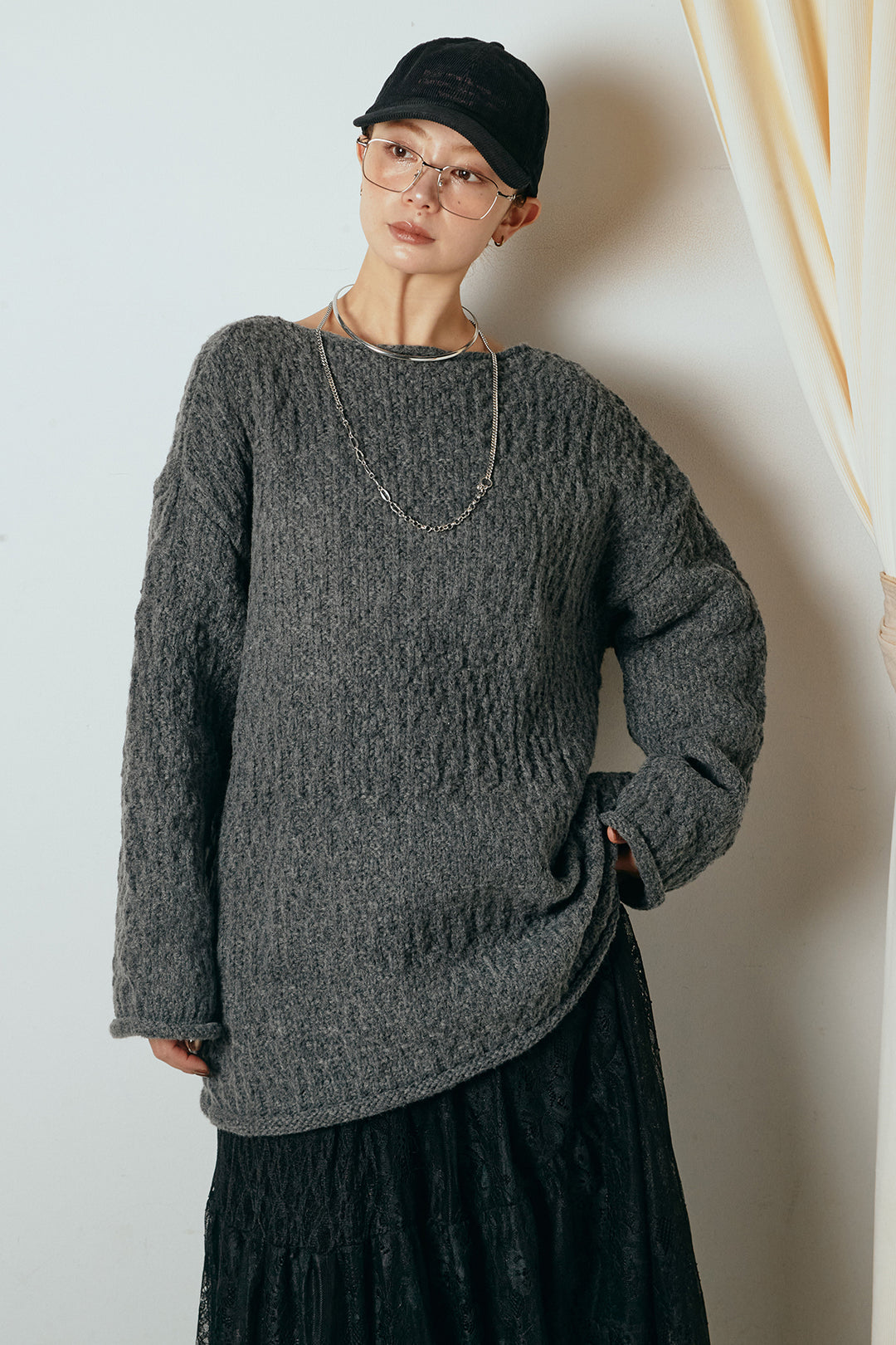 [SET]ボリューム編みニットプルオーバー+ベルト付きレザーライクタックパンツ(2set)