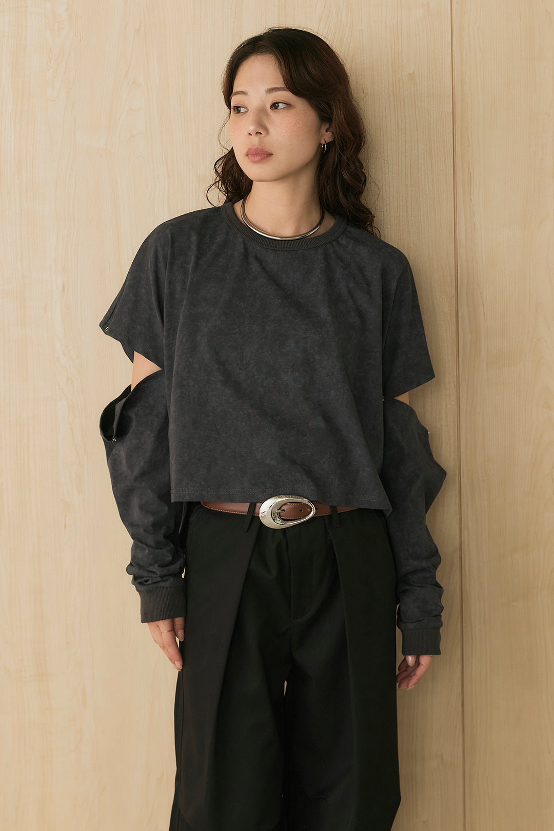 [SET]セパレートフェードTシャツ+ランダムダメージデニムワイドパンツ(2set)