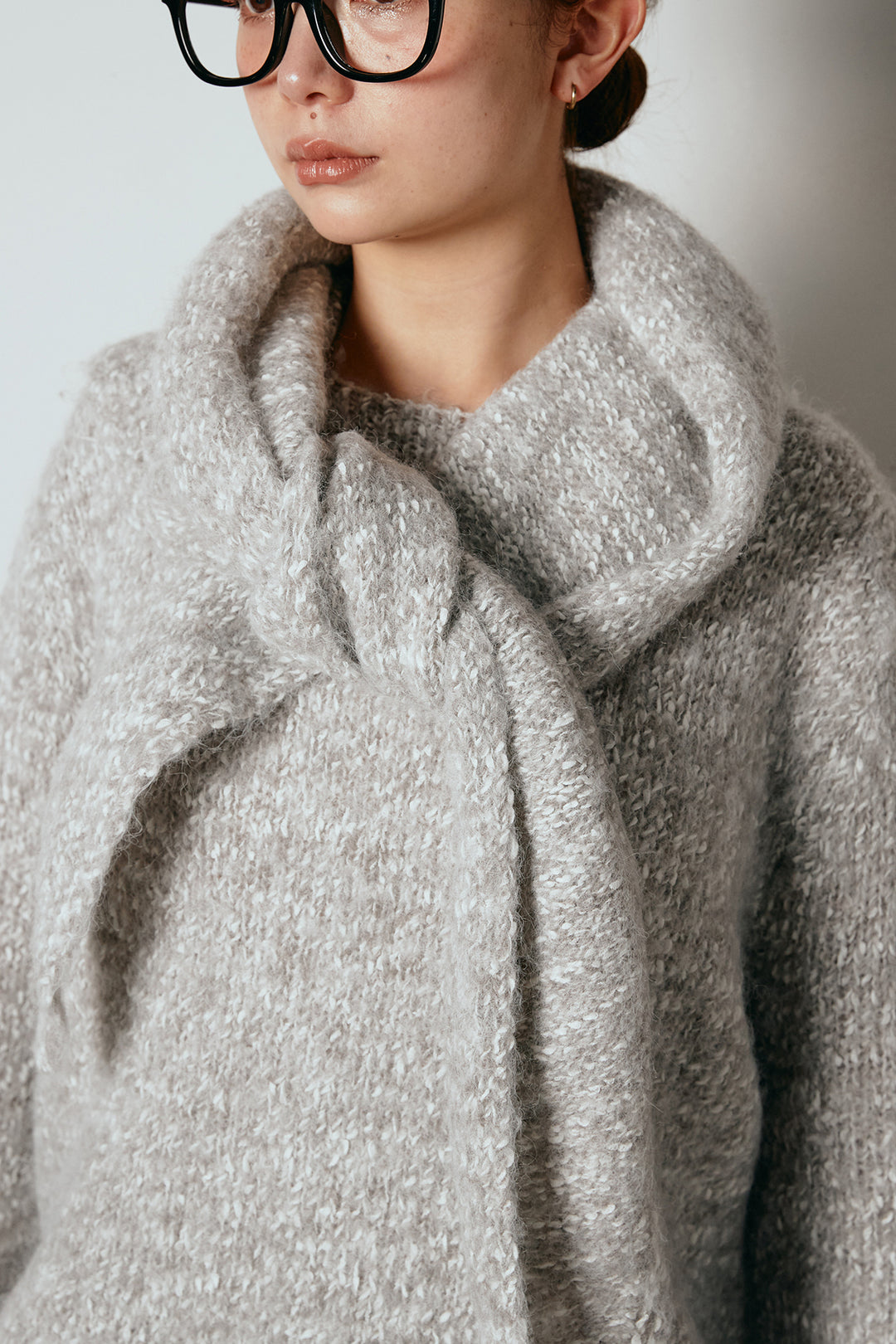 スカーフ付きミックスニットトップス