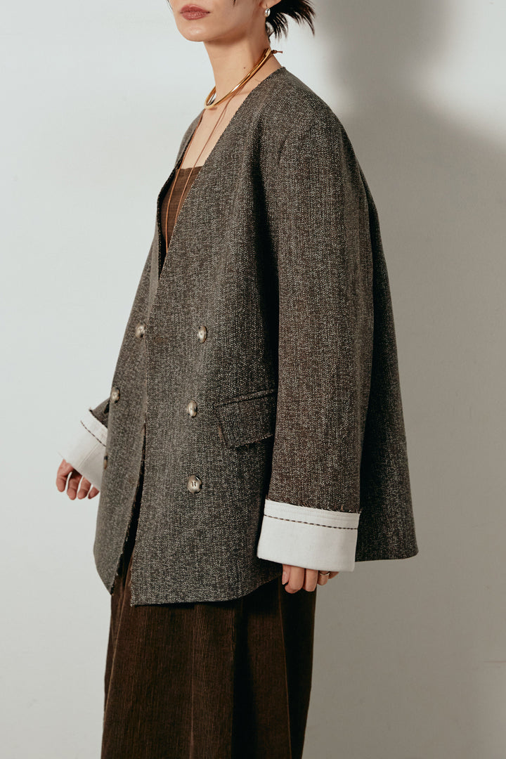ノーカラーダブルボタンツイードジャケット