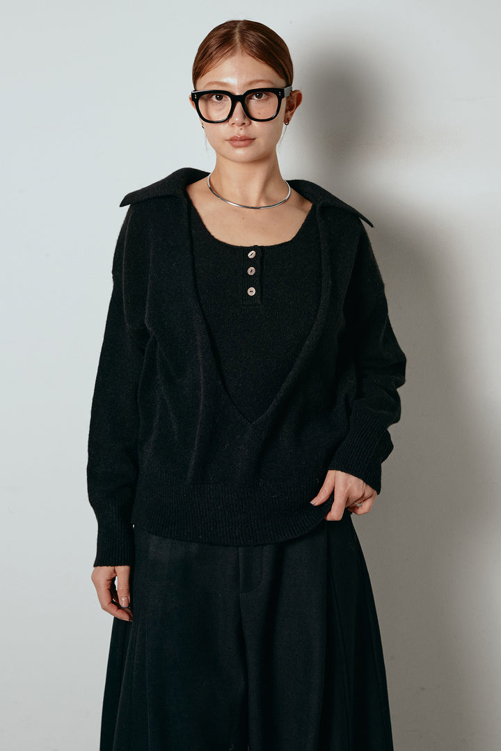 [SET]襟付きレイヤードニットトップス+細ストライプレイヤードデザインパンツ(2set)