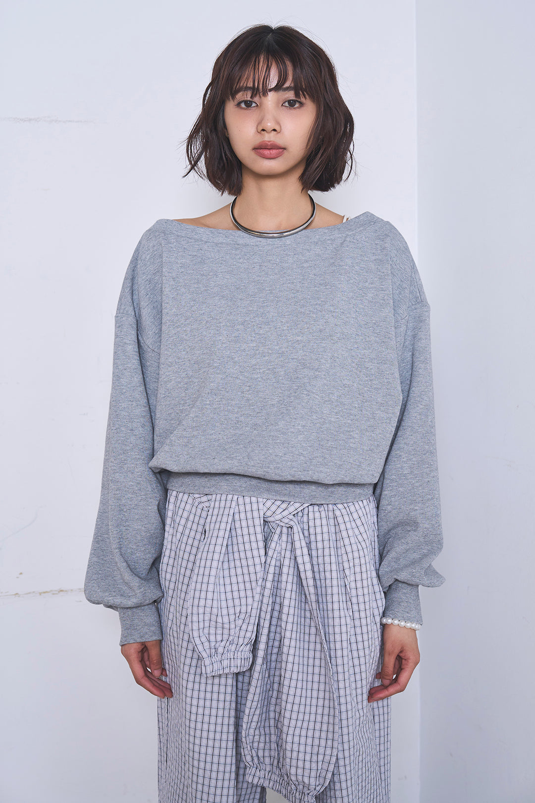 [SET]ワンショルスウェットプルオーバー+チェックウエスト巻きジョガーパンツ(2set)