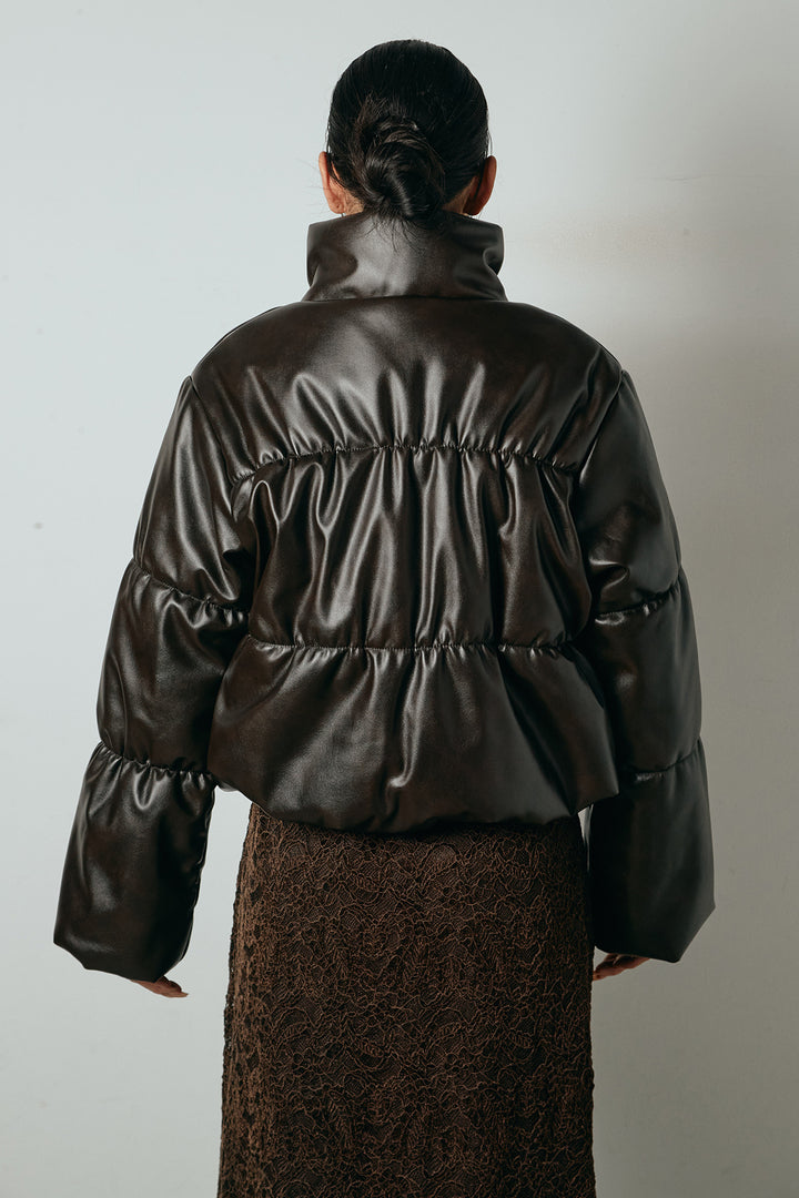 [SET]レザーライクWジップスタンドカラー中綿ブルゾン+総レース刺繍スカート(2set)