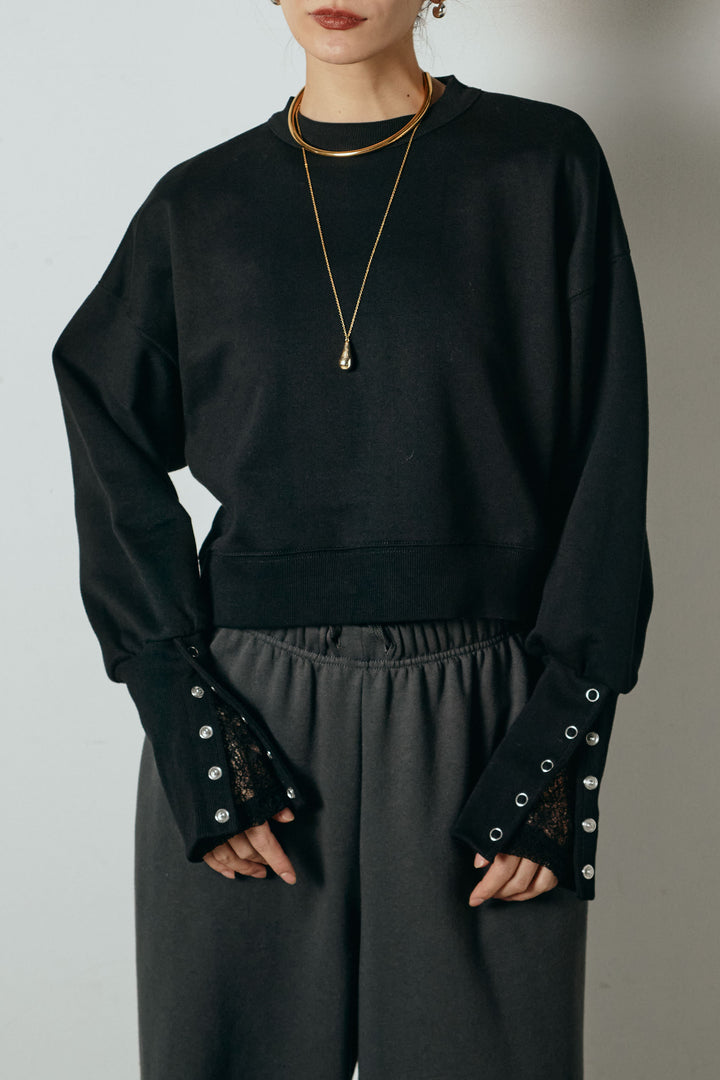 [SET]裏毛バックオープンプルオーバー+エコスウェードワイドスカート+ストレッチレースクルーネックインナー(3set)