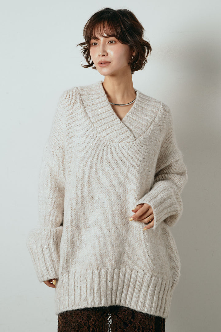 [SET]Vネックラメニットトップス+裏起毛スウェットワイドパンツ(2set)