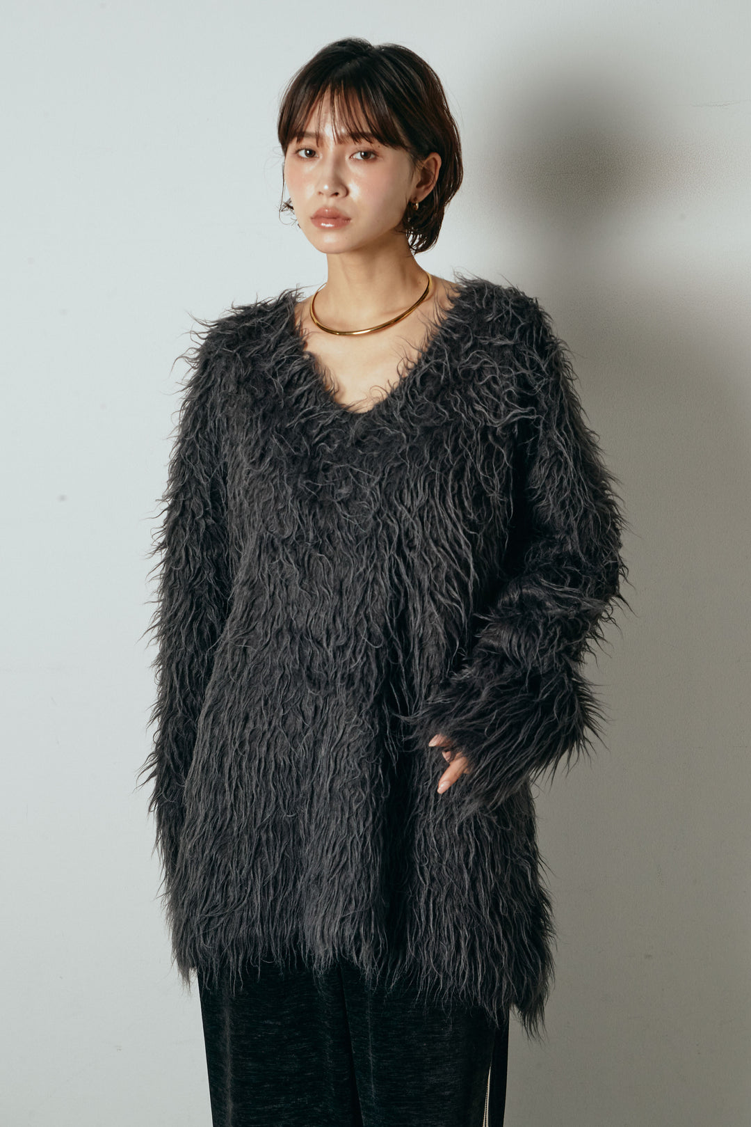 [SET]深Vネックシャギーニットトップス+フラワー刺繍ワイドスカート(2set)