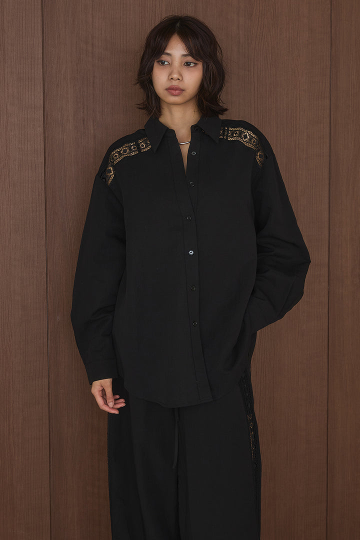 【即納】麻混ショルダーライン柄シャツ