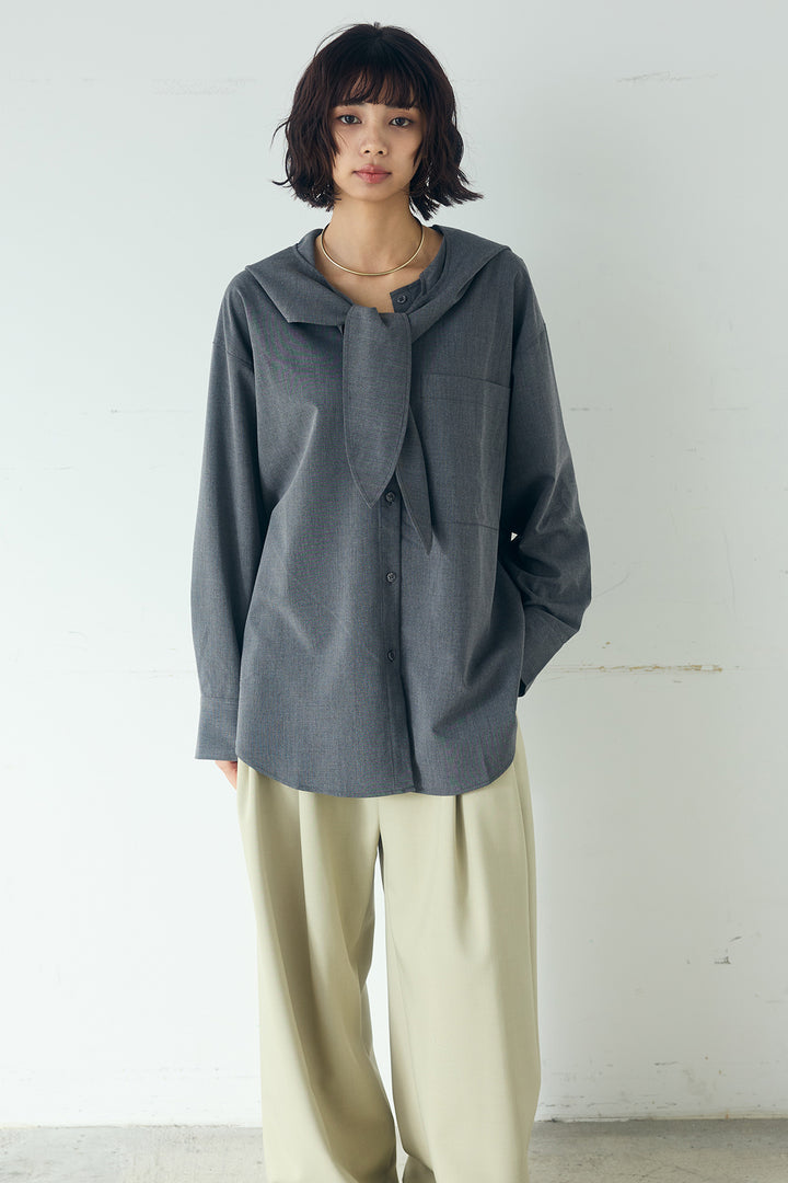 [SET]無地タイ付フーディーBIGシャツ+ランダムストライプタックギャザーパンツ(2set)