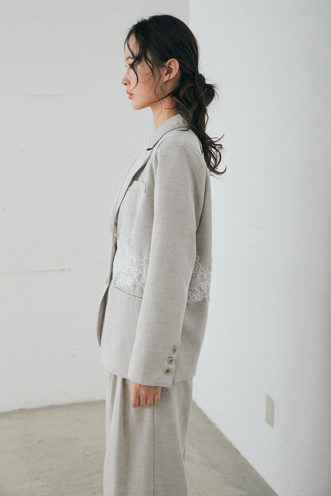 [SET]リネンタッチレースデザインジャケット+リネンタッチ細ベルト付きワイドパンツ(2set)