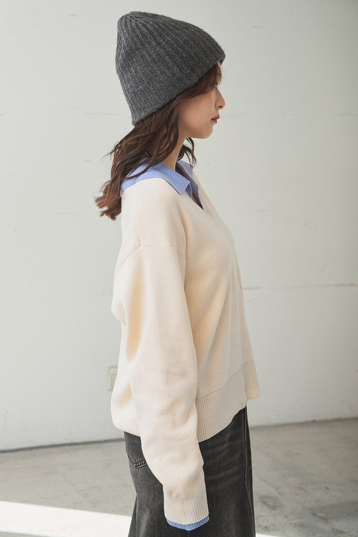 バイカラーニットレイヤード風プルオーバー