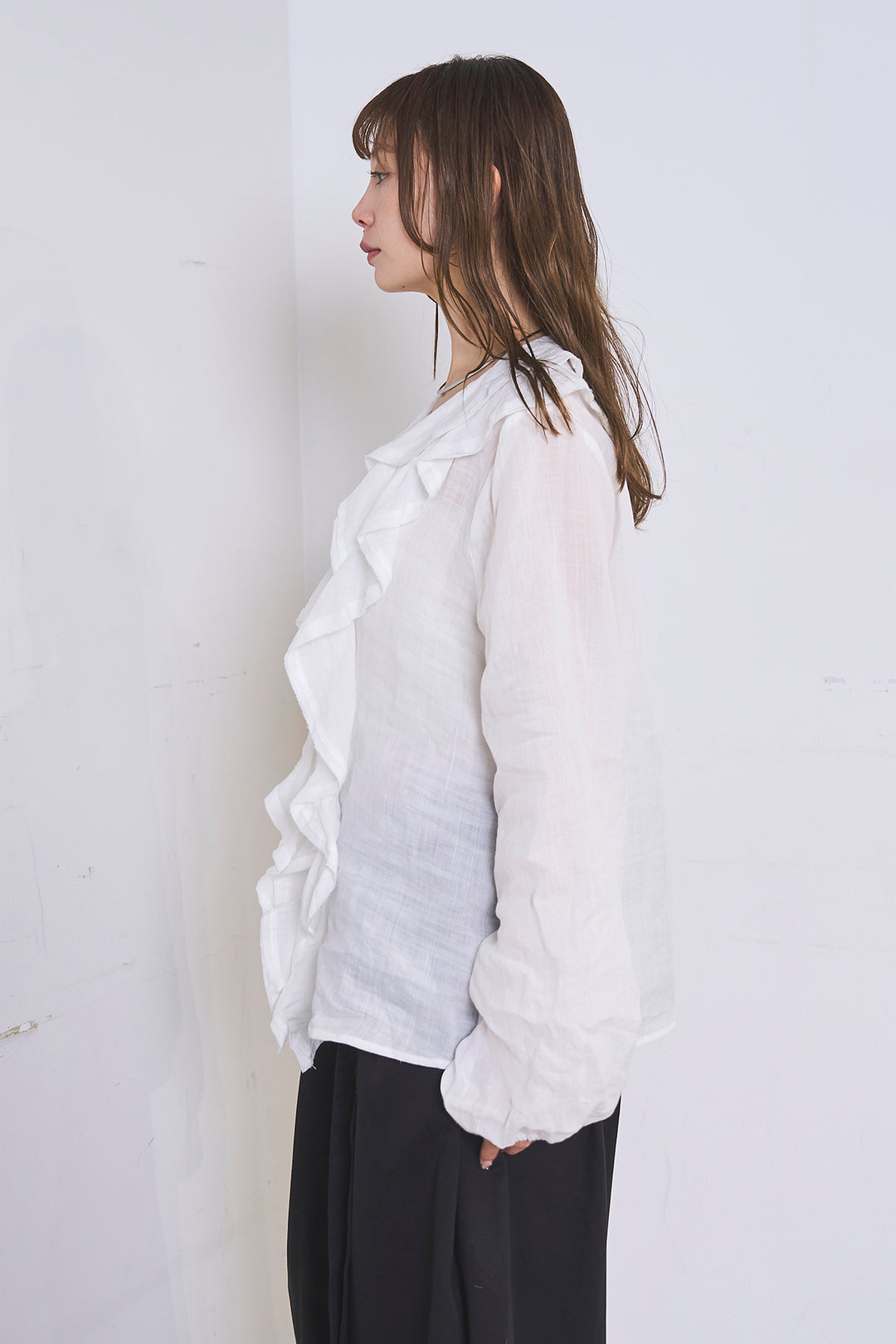 [SET]フリルボタンブラウス+紐ベルト付きカーブワイドパンツ(2set)