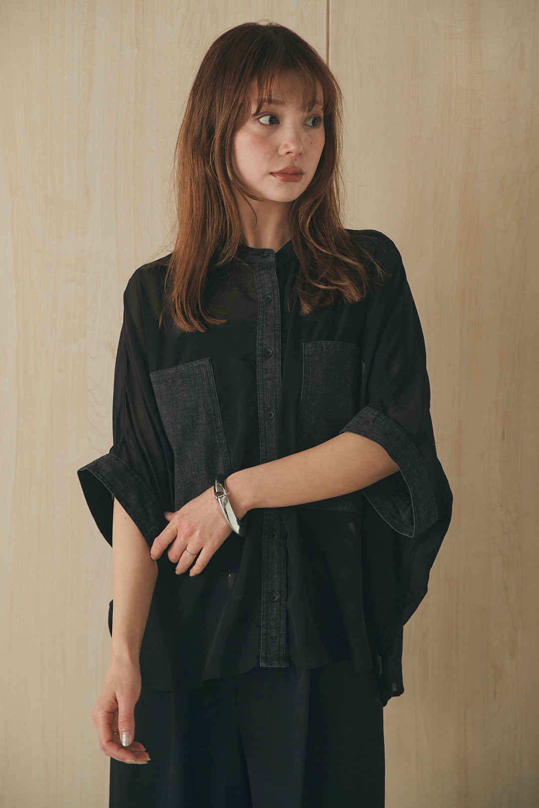 [SET]デニムライクビッグツーポケシアーシャツ+ベルトループデザインハイウエストタックパンツ(2set)