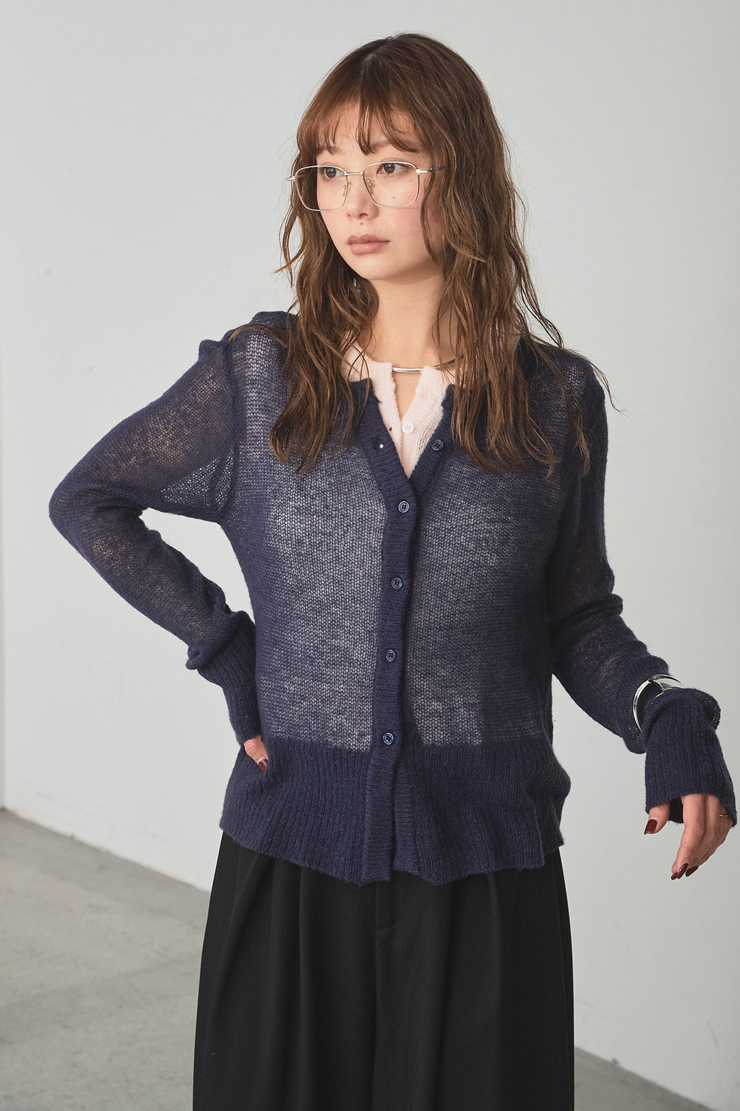 [SET]モヘア透かし編みレイヤードアンサンブルセット+ベルト付きツータックワイドパンツ(2set)