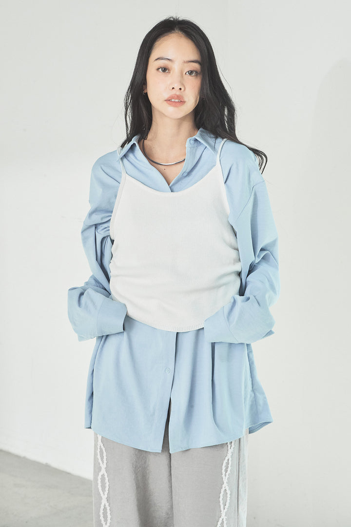 [SET]ニットキャミ付きシャツ+刺繡テープラインパンツ(2set)