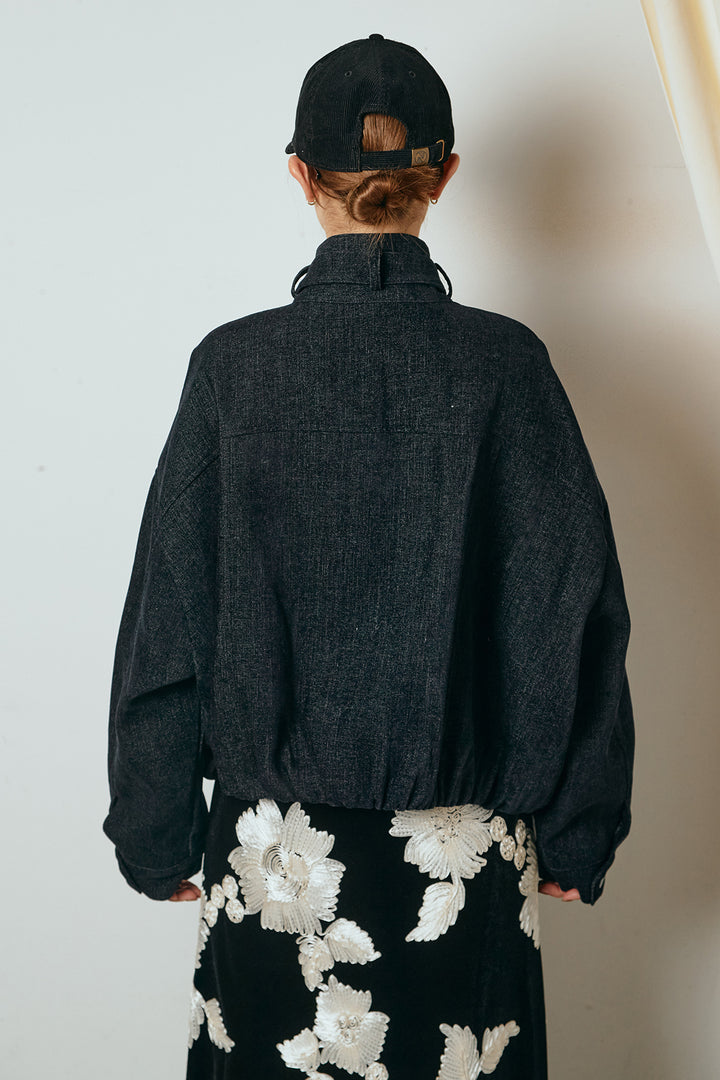 [SET]デニム調ハイネックブルゾン+ひげレース切替ロング丈スカート(2set)