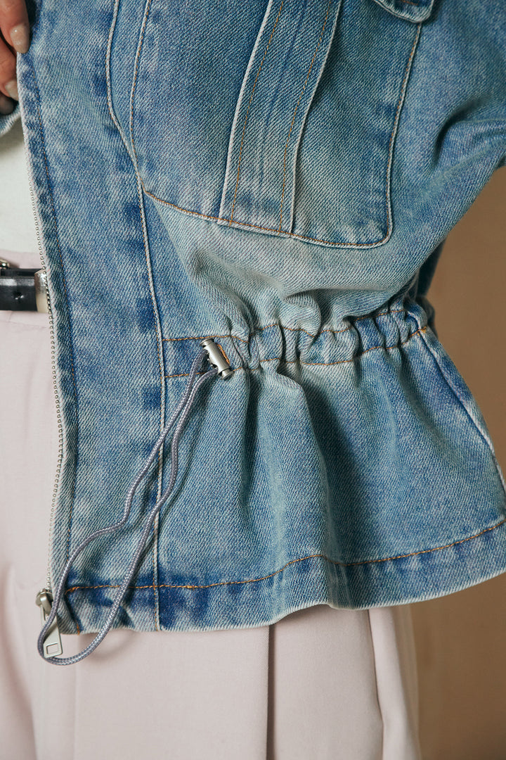 [SET]襟付き配色デニムブルゾン+ビックベルトループタックベルト付きワイドパンツ(2set)