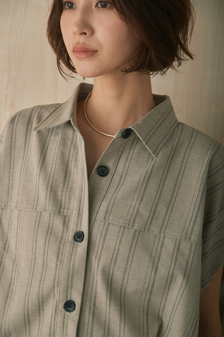 [SET]リネンストライプコクーンノースリーブシャツ+リネンストライプキャミオールインワン(2set)