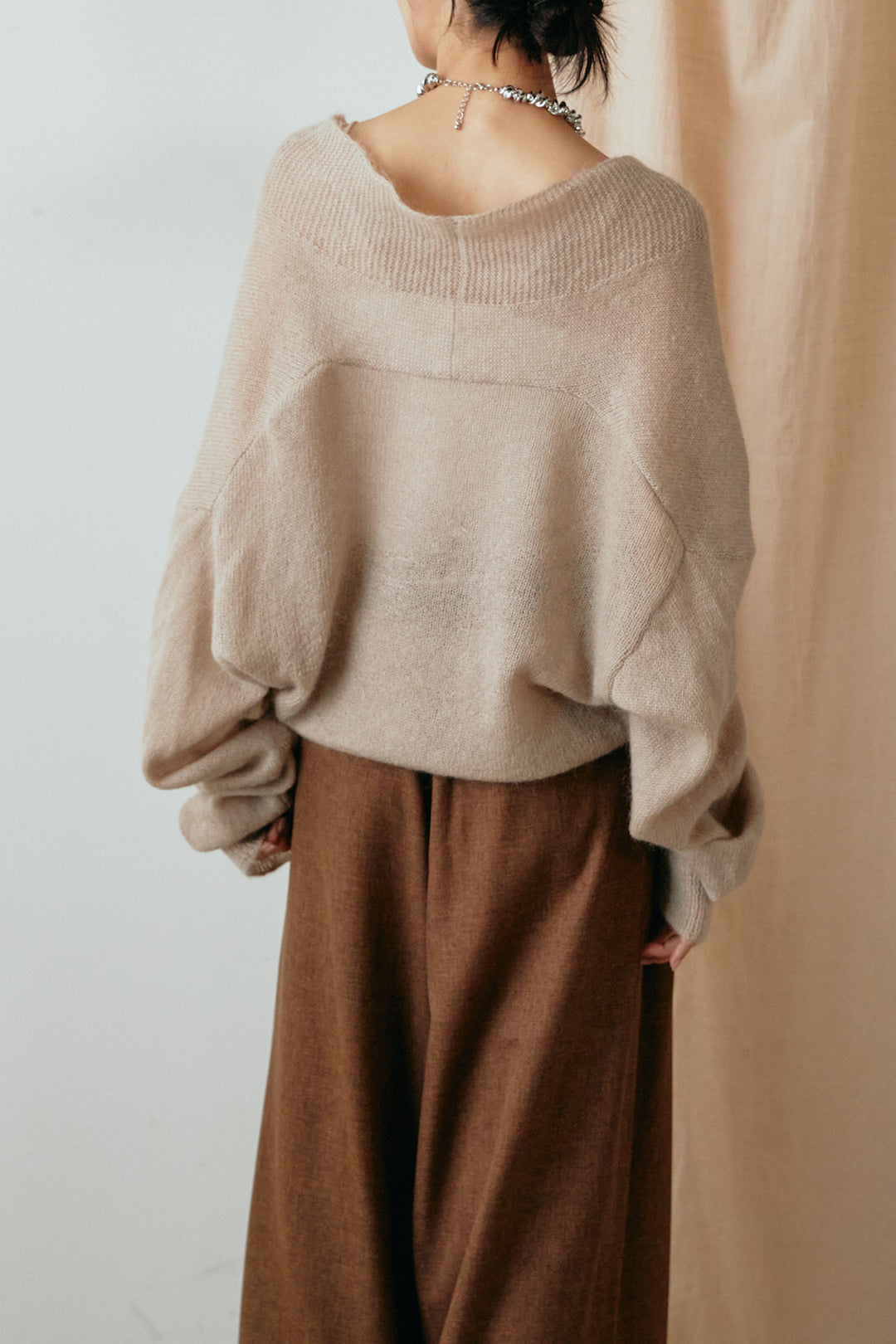 [SET]カシュクールデザインニット+ウエストフリンジワイドツイードパンツ(2set)