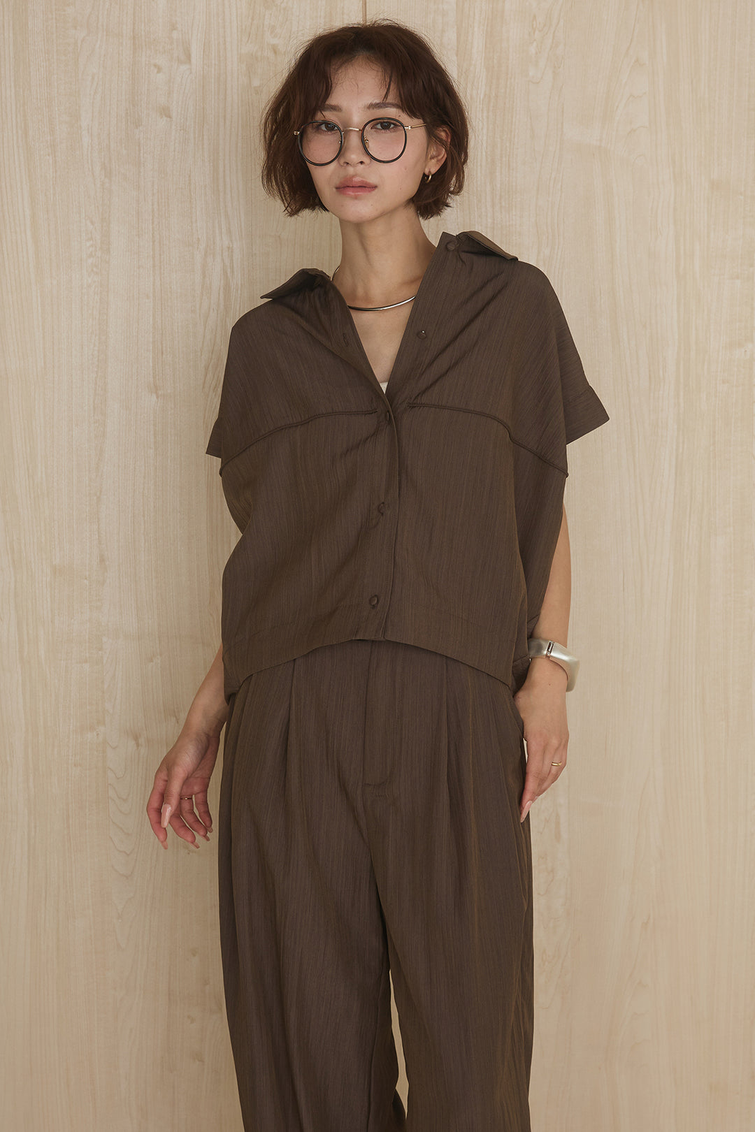 [SET]リネンライクランタンノースリシャツ+リネンライク2タックワイドパンツ(2set)