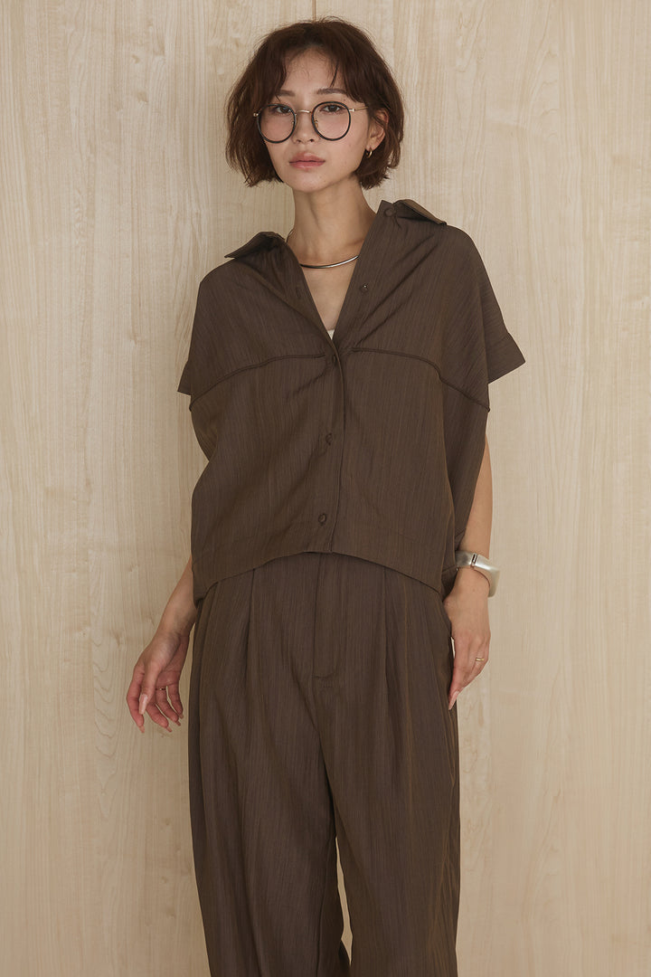 [SET]リネンライクランタンノースリシャツ+リネンライク2タックワイドパンツ(2set)