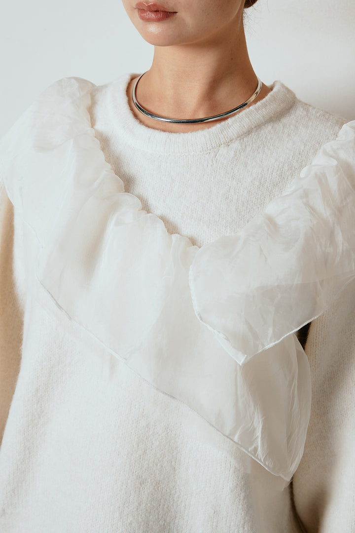 [SET]アシンメトリーフリルニットトップス+ウールライクチェックタックパンツ(2set)