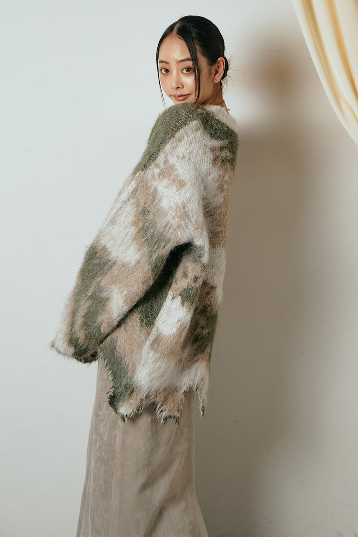 [SET]起毛裾デザインニュアンス柄ニットトップス+エコスウェードワイドスカート(2set)