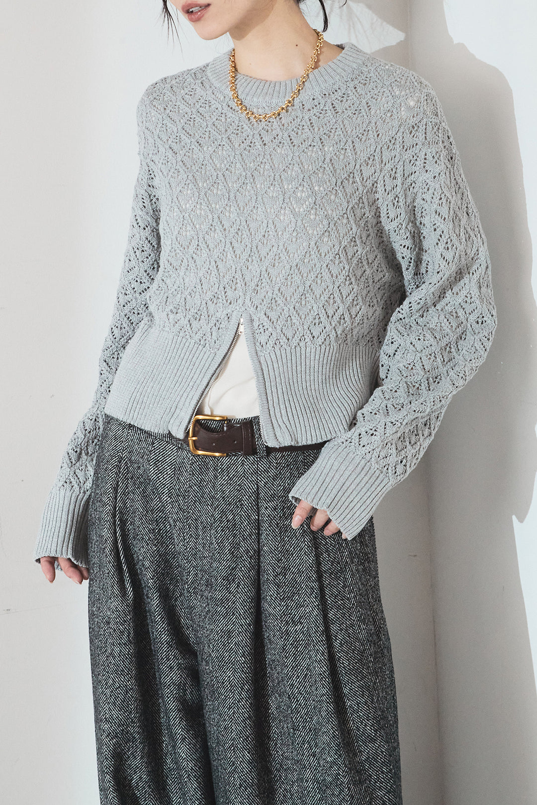 [SET]透かし編みニットジップスリットプルオーバー+ウールタッチカーブワイドパンツ(2set)