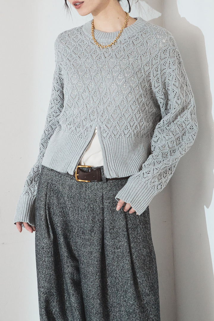 [SET]透かし編みニットジップスリットプルオーバー+ウールタッチカーブワイドパンツ(2set)