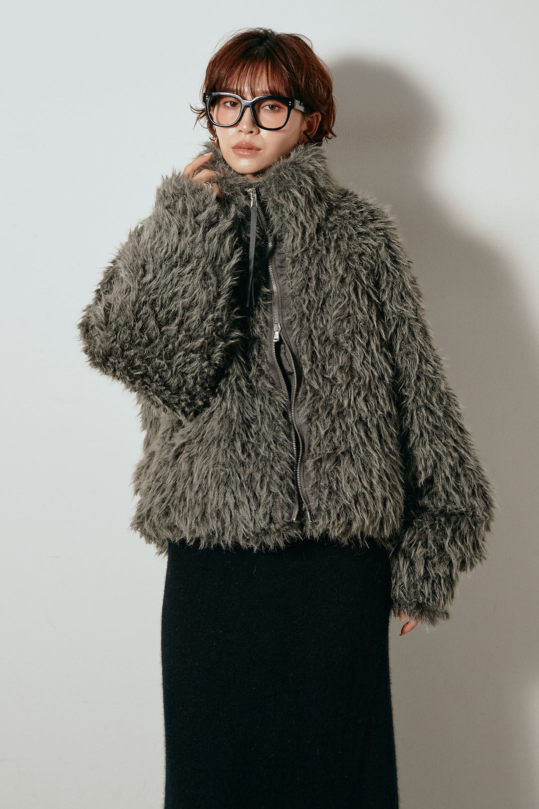 [SET]ミックスシープファースタンドブルゾン+花柄刺繍ベロアフレアスカート(2set)