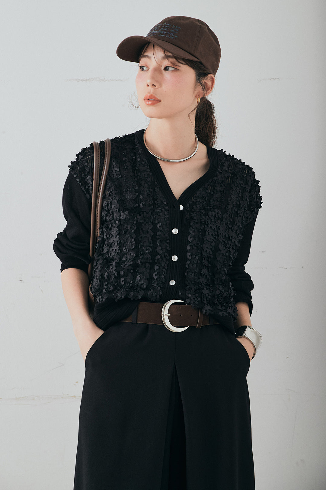 [SET]モコレースVネックカーディガン+太ベルト付きフロントタックパンツ(2set)