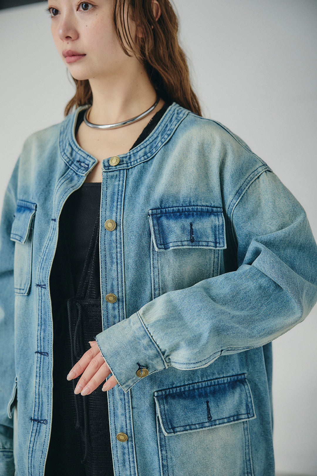 ノーカラーデニムポケットジャケット
