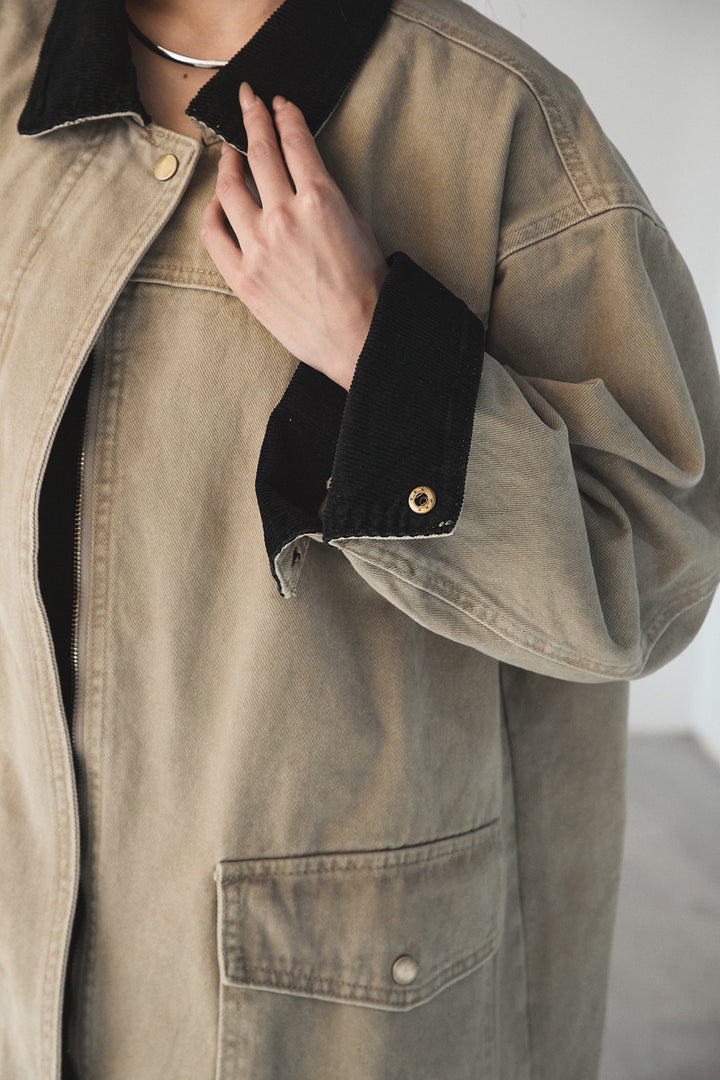 襟コーデュロイデザインデニム調カバーオール