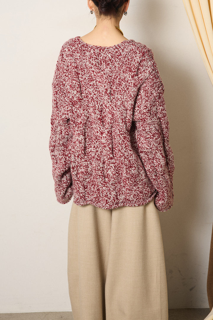 Vネックミックス編みニットトップス