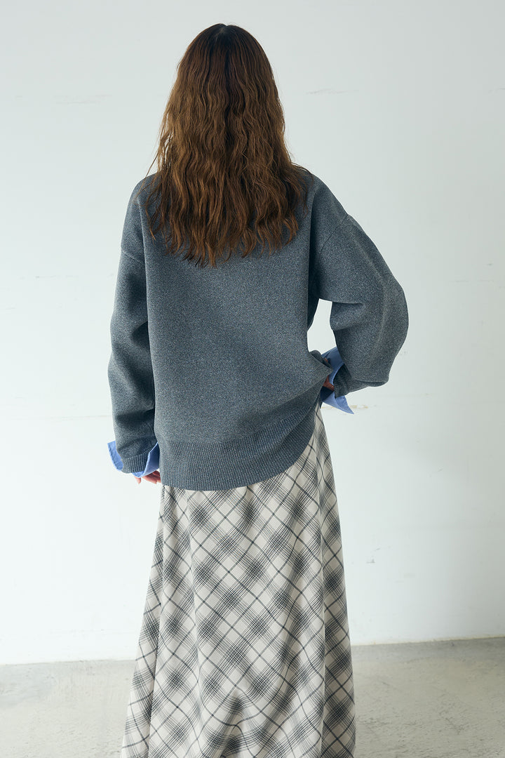 [SET]シャツレイヤード風カーディガン+タータンチェック柄フロントデザインスカート(2set)
