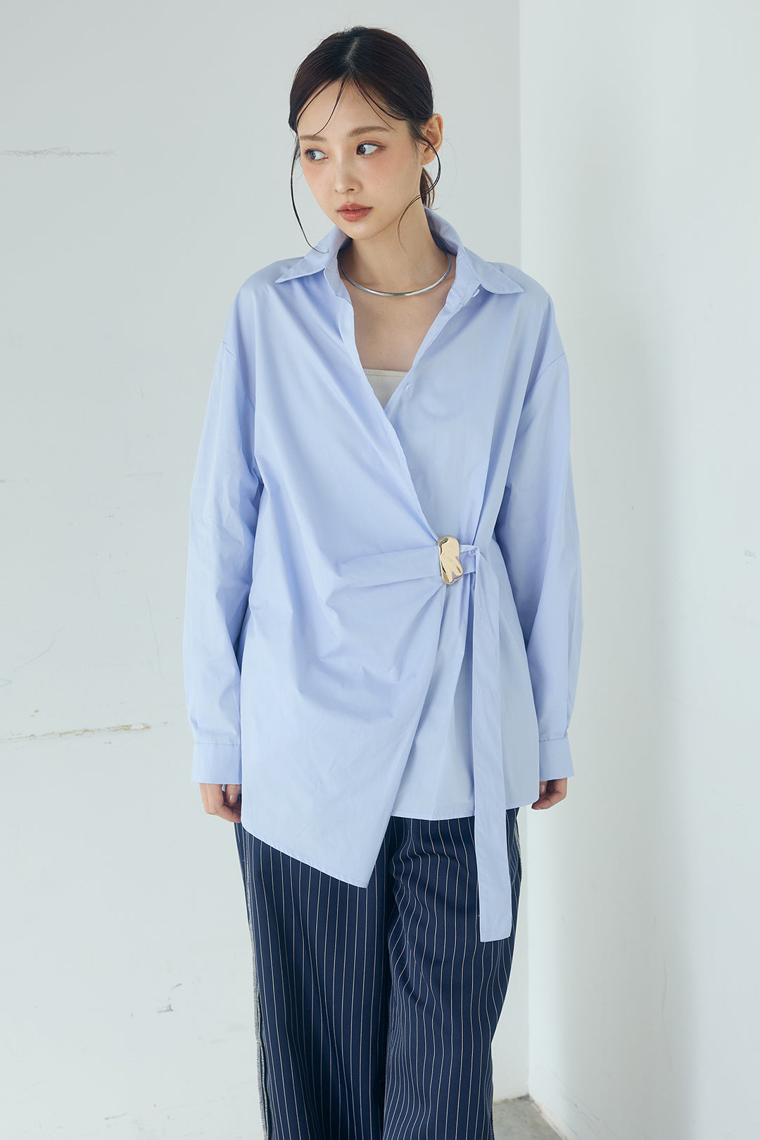 [SET]サイド留め具デザインシャツ+デニムレース付きワイドパンツ(2set)