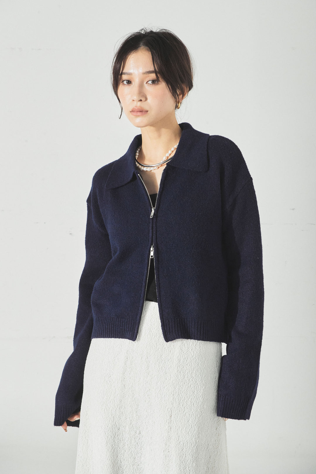 衿付きWジップニットカーディガン/ネイビー
