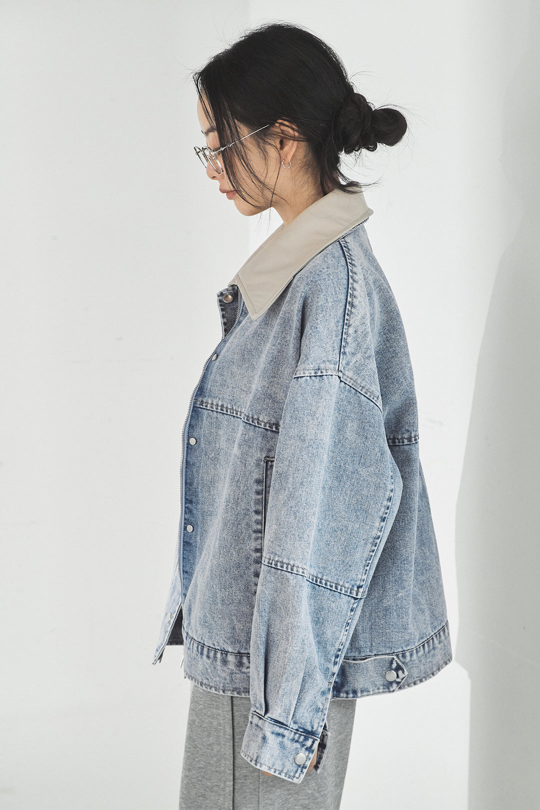 [SET]加工デニムレザー襟付きデニムブルゾン+カットリブレイヤードヘンリーネックワンピース(2set)