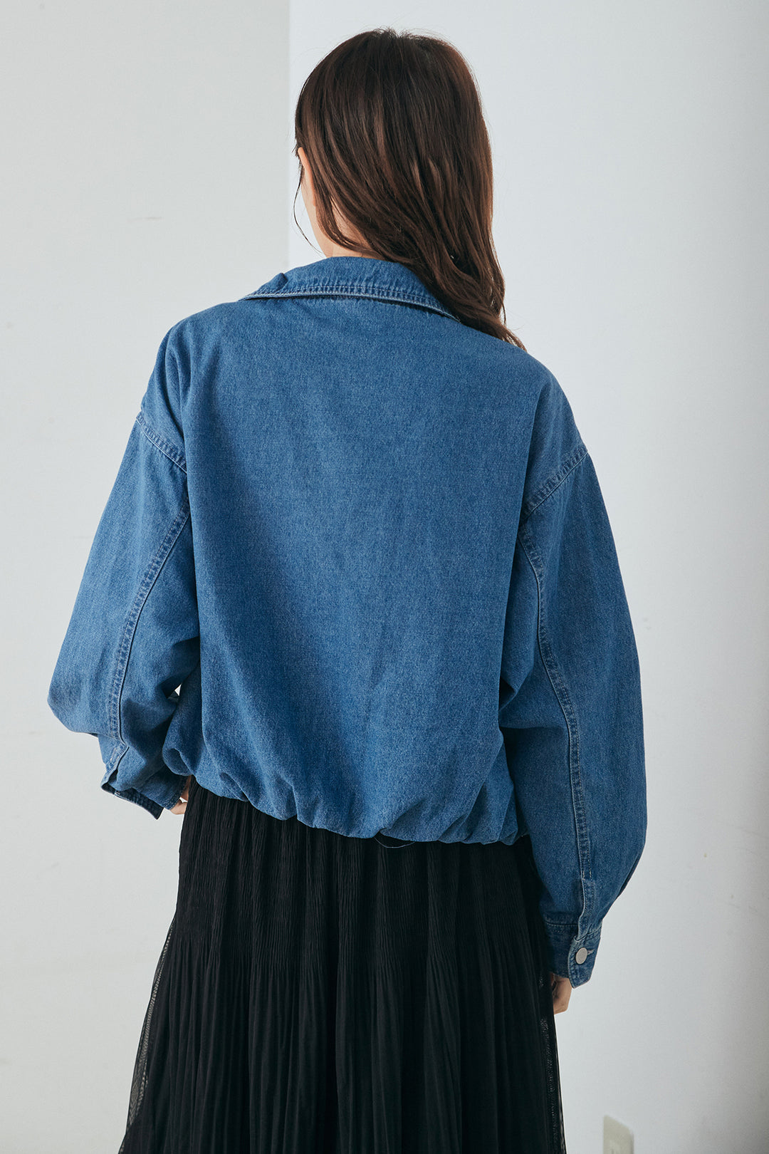 [SET]スタンドカラーデニムブルゾンジャケット+レースチェックワイドイージーパンツ(2set)